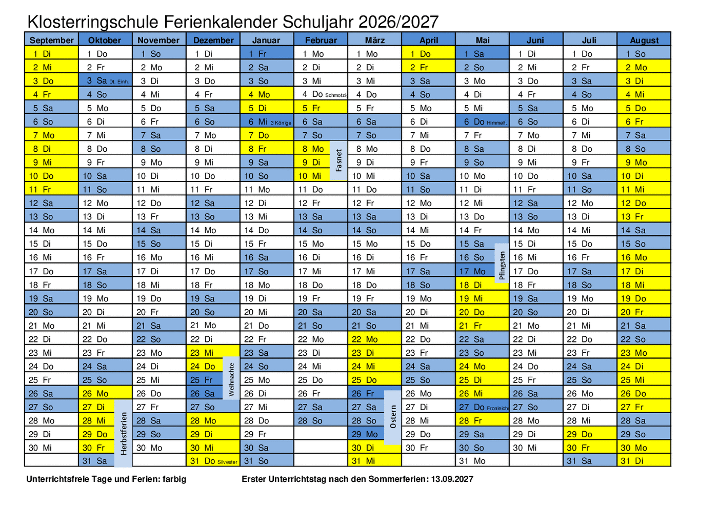 Ferienkalender der Klosterringschule für das Schuljahr 2026/27